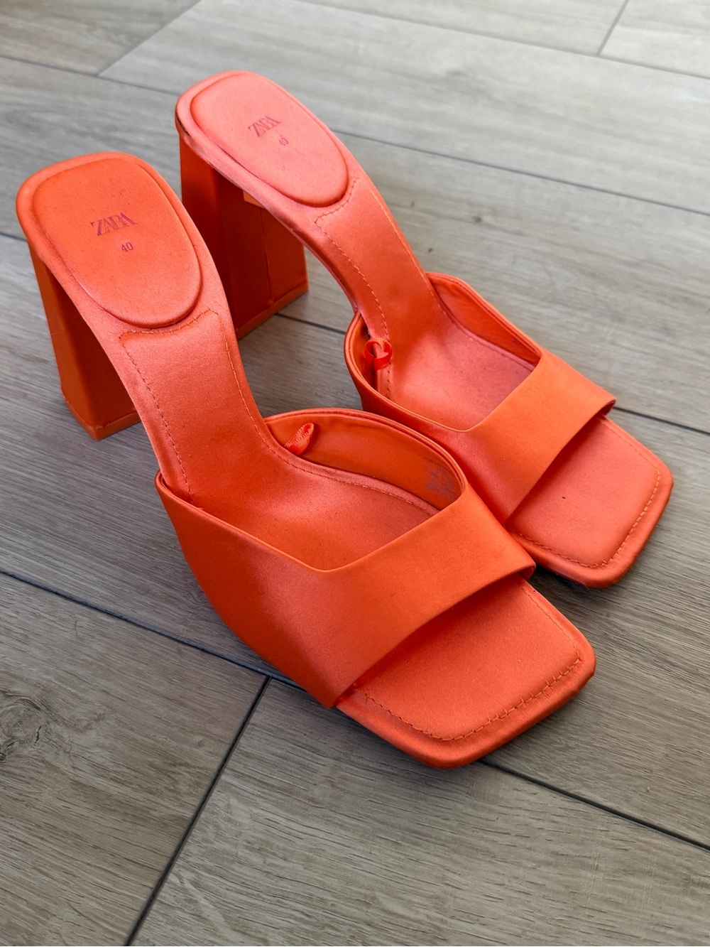 Zara Orange Satin Block Heel Slide Sandals Square Toe Size 40